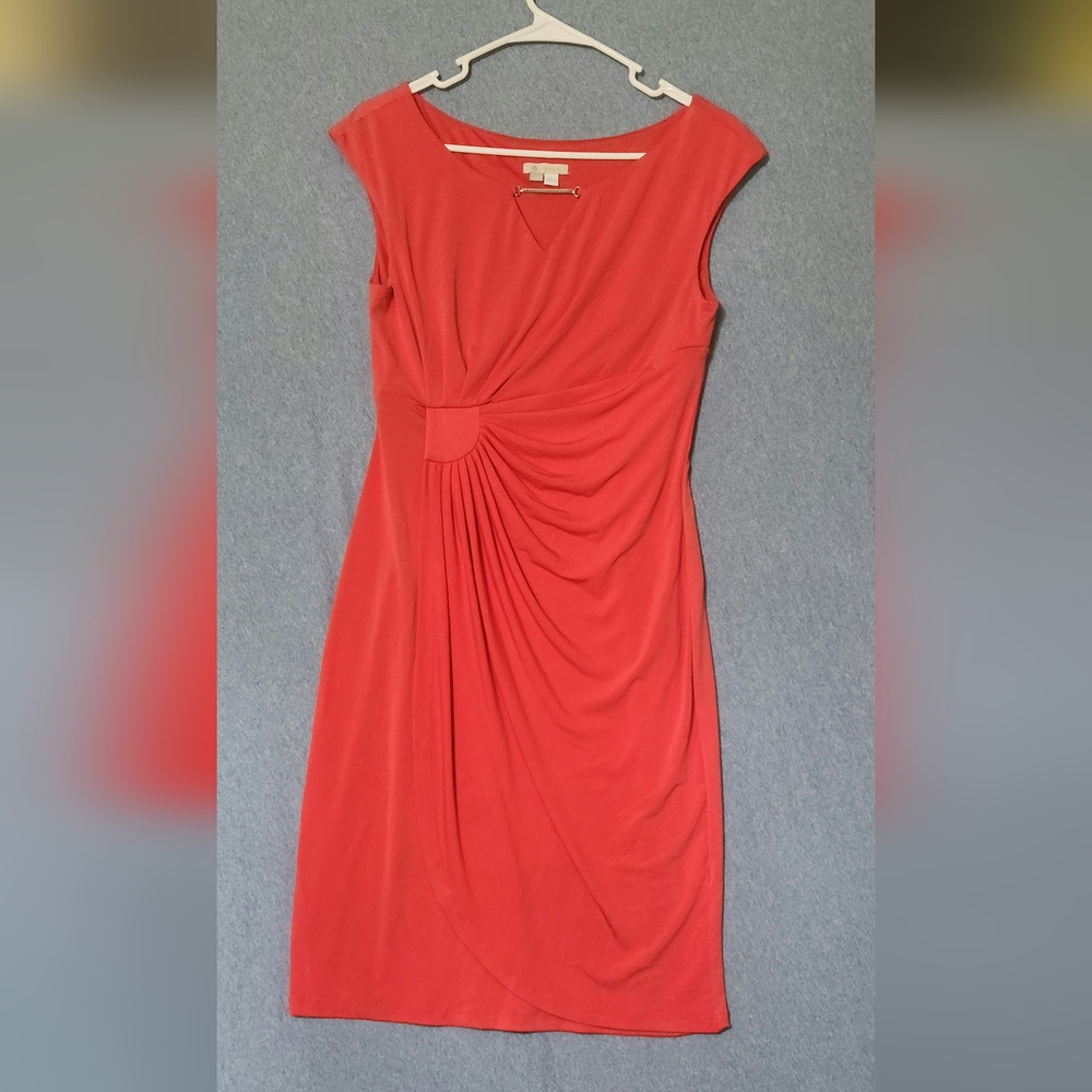 Dress Barn Signature Sadie red pleated midi dress. Chain accent